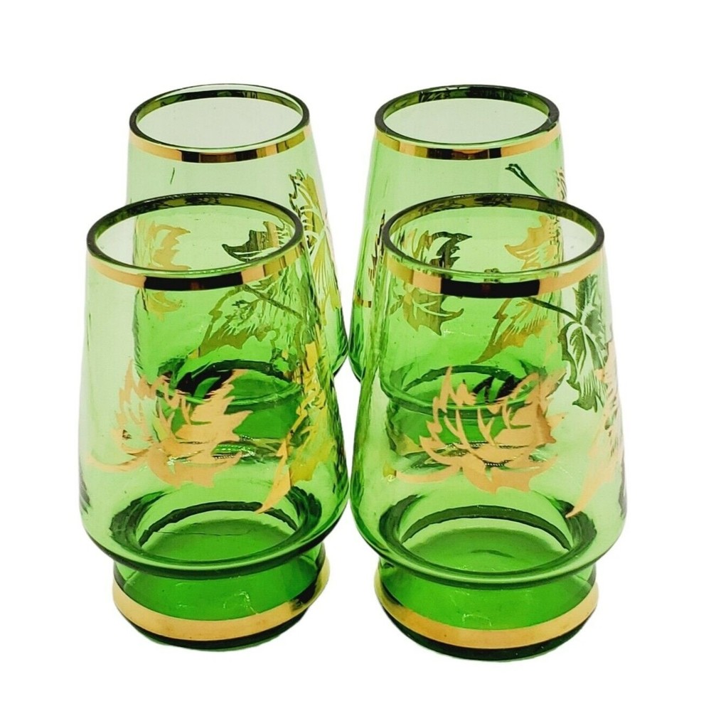 Set 4 Bohemian Liquor Cordial Green Glasses Gold Leaves Rim & Base 2.5" High